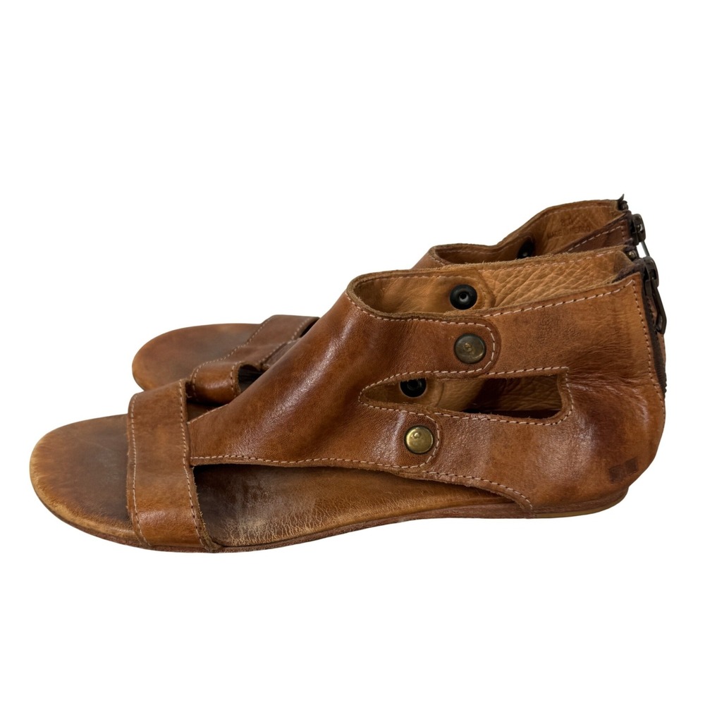 Bed Stu Soto Tan Leather Gladiator Sandals Back Zip Flat Cutout Womens 8 Boho